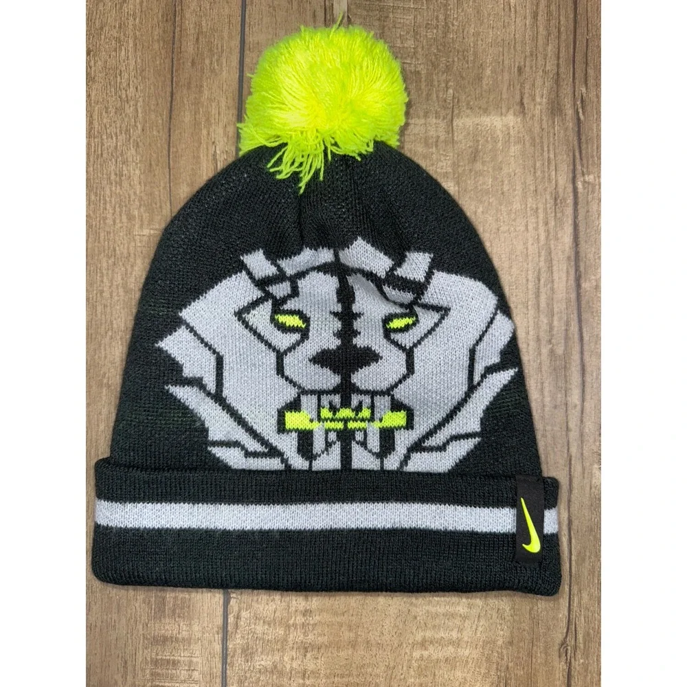 Nike Youth Beanie Hat Black Neon Green Pom Graphic Lion Design
